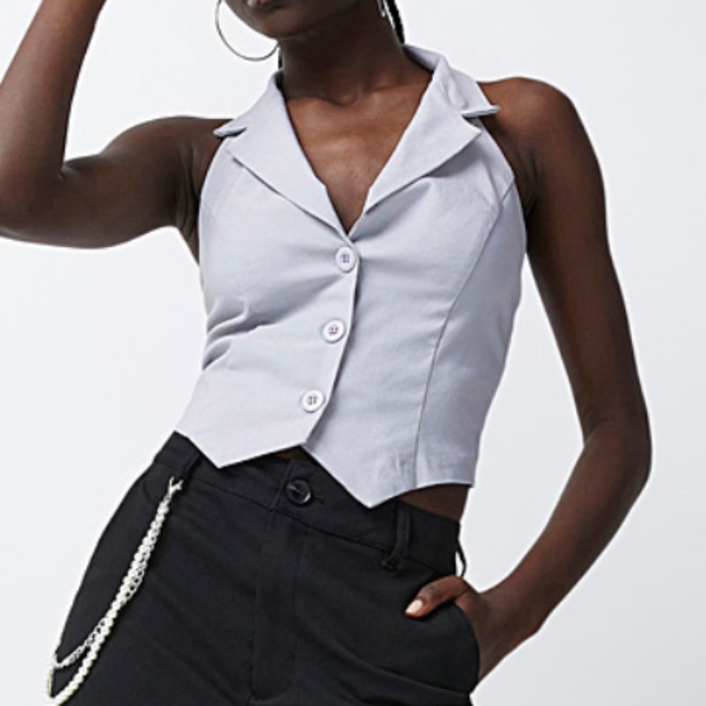 Twik Light Gray Button-Up Crop Top